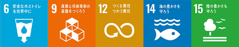 SDGSの取り組み目標、6、9、12、14、15のアイコン