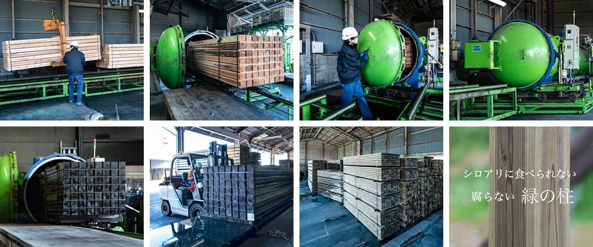 加圧注入処理工程の写真（①タンクに木材を搬入、②タンクに木材保存剤を入れて加圧処理、③緑の柱が完成)