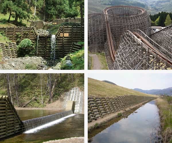 公共土木事業の事例（木製ダム工、護岸工）木製コースターの写真